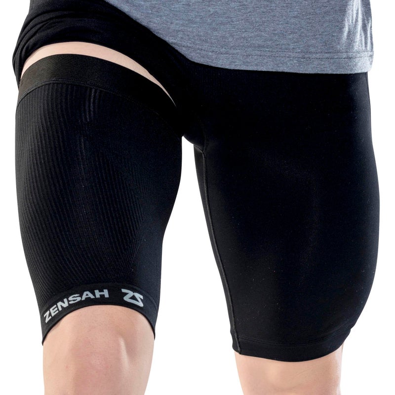 Zensah Thigh Compression Sleeve Support for Pulled Hamstring Quad Strain Groin Compression Wrap for Men and Women Small Midnight Black